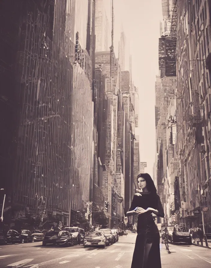 Prompt: a photo of a beautiful girl like Angelina Joile like Aracne Mitological figure being human ein the middle of New York City in style of Vogue Magazine, realistic photo, cinematic lighting, volumetric lighting