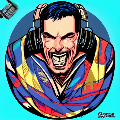 Image similar to artgerm, psychedelic laughing cybertronic dr. strange, rocking out, headphones dj rave, digital artwork, r. crumb, svg vector