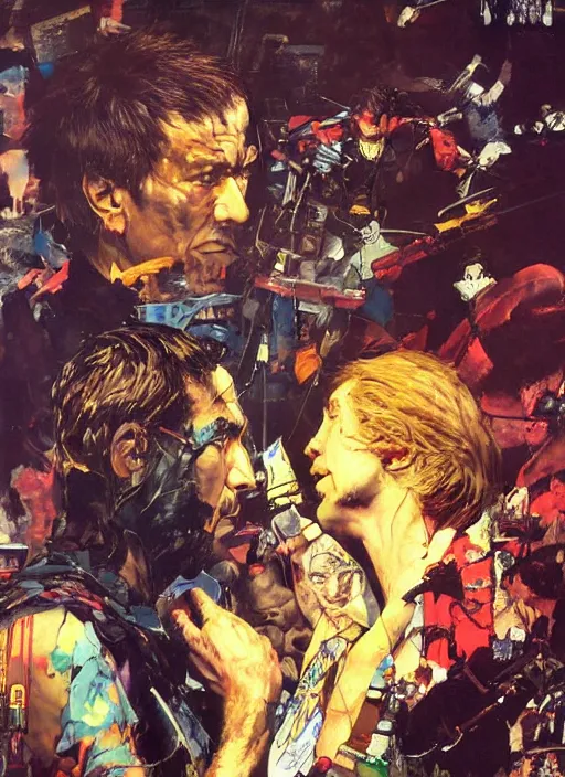 Image similar to unbelivable tension between two people, surreal, vivid colors, painting by Alexander Mandradjiev, part by Yoji Shinkawa, part by Norman Rockwell