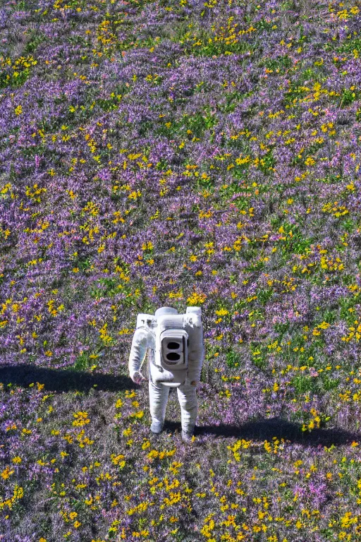 Image similar to The astronaut's back, next to it was a meadow full of bright flowers, bright，8K