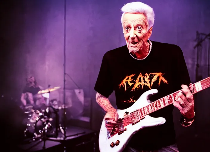 Image similar to publicity photo still of bob barker in a death metal band playing live on stage, 8 k, live concert lighting, mid shot