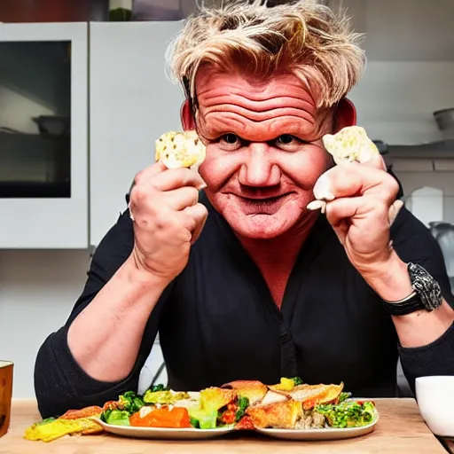 Prompt: gordon ramsay eating the food from the trash