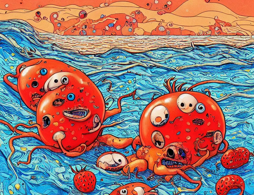 Image similar to a funny detailed high resolution painting with rough brush of a lazy red burned tomato with many googly eyes on a beach to hot for the sun, big piles of strawberry icecream surfing on a sunset by james jean