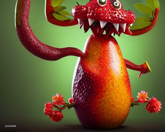 Prompt: a fruit figurine monster made of different fruit, 3 4 5 3 1, walking around in a forest, staring wide open eyes, open mouth, very detailed eyes, trees and flowers, rays of sunlight, oil painting, highly detailed, dramatic lighting, hyperrealistic, 8 k, smooth, intricate, artstation, cgsociety, by artgerm, by wlop