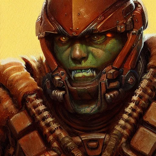 Image similar to the doomguy as a realistic d & d fantasy character, closeup portrait art by donato giancola and greg rutkowski, vintage retro, realistic face, digital art, trending on artstation, symmetry!!