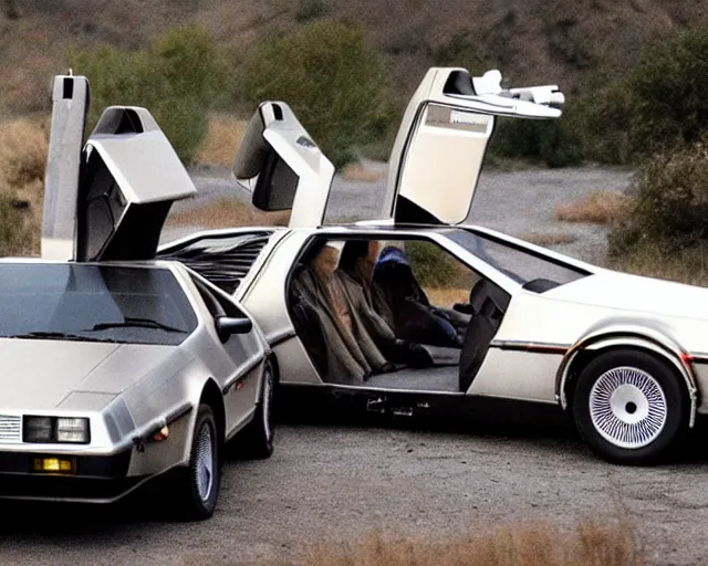 Prompt: doc brown and the delorean at the end of the world