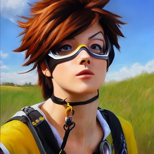Prompt: oil painting of tracer overwatch in a field wearing o - ring choker around neck, in style of mark arian, expressive face, detailed face, detailed eyes, full body, feminine face, tracer overwatch,