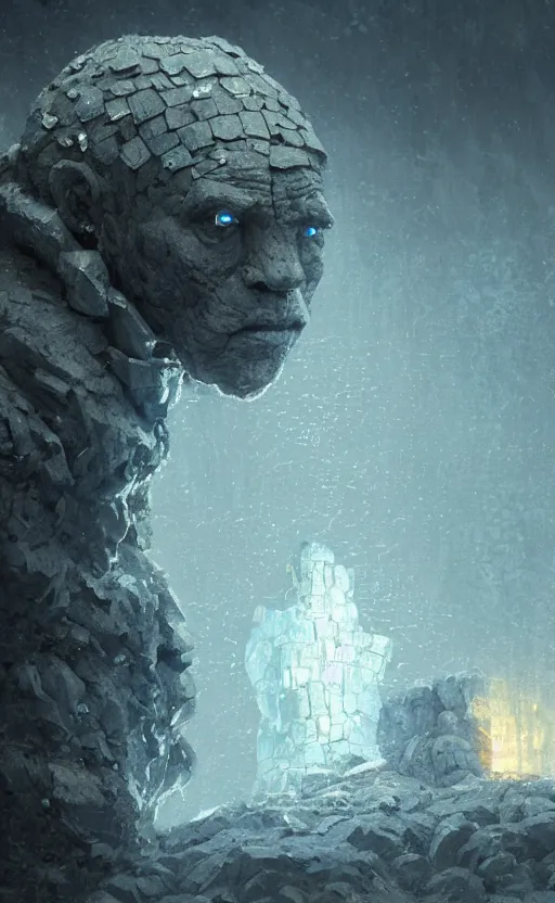 Image similar to a golem made from translucent crystals, high in the mountains, greg rutkowski, 8 k, shallow depth of field, intricate detail, concept art,