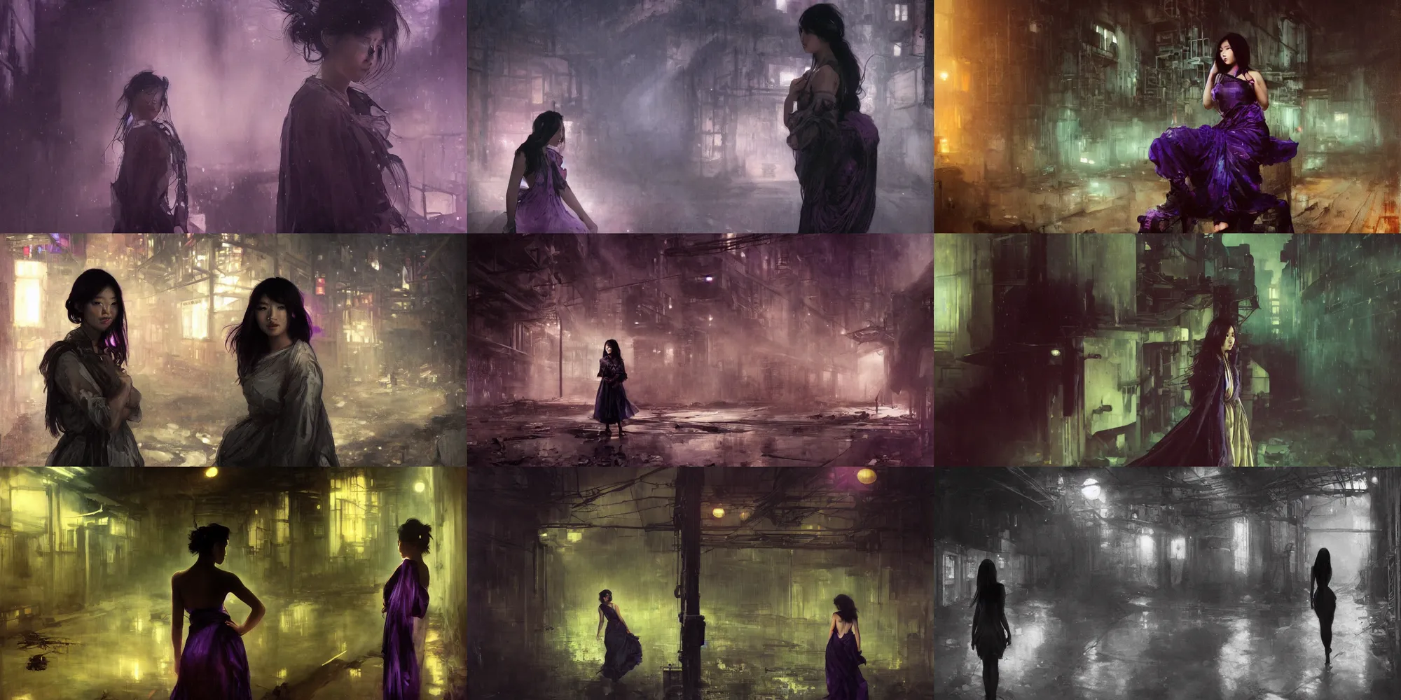 Prompt: a beautiful young asian woman in abandoned industrial city at night, dark moody purple lighting, by jeremy mann and alphonse mucha, dramatic lighting, ethereal, stunning, breathtaking, awe - inspiring award - winning, 8 k