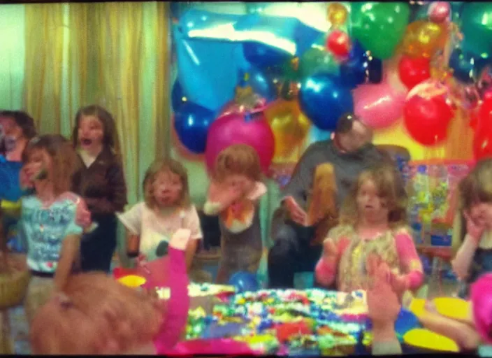 Image similar to Home video footage, Color VHS picture quality with mixed noise, Filmed by dad. Daughter's birthday party.