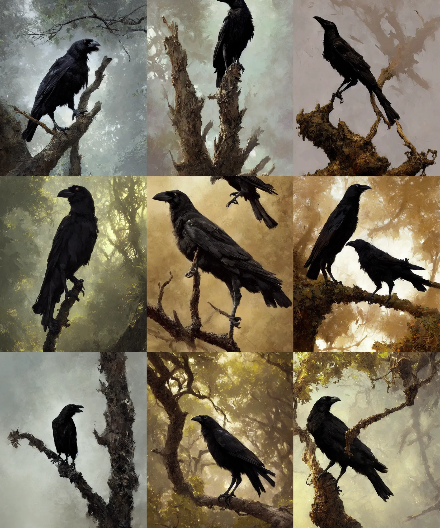 Prompt: digital art painting of a crow standing on a tree branch painted by craig mullins and gaston bussiere and greg rutkowski, symmetrical face, defined facial features, symmetrical facial features, dramatic lighting, close up