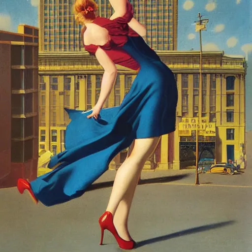 Image similar to woman, city, street, kitten heel, buildings, by gil elvgren, olivia