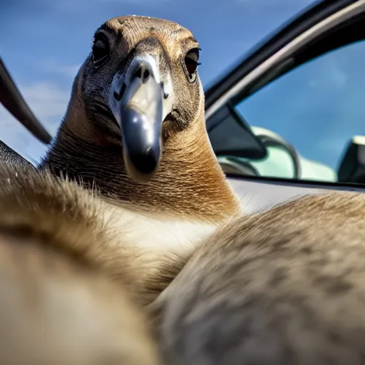 Prompt: sports car, driven by a Canadian goose, smoking a joint, annoying animal neighbors with loud music, ultra realistic, HD