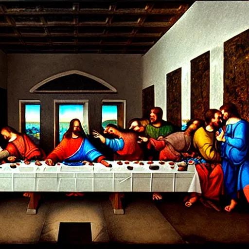 Prompt: a futuristic holographic art piece of The Last Supper by Leonardo da Vinci