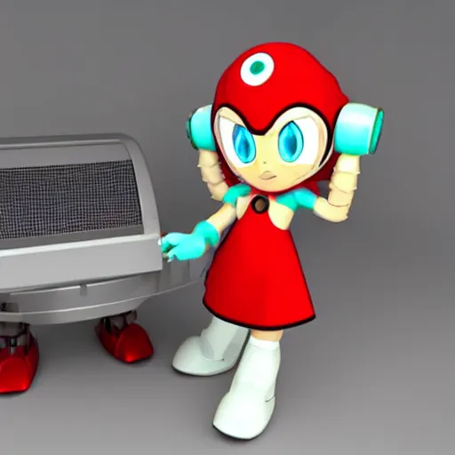 Prompt: 3 d cg rendering of : roll ( from mega man ) is repairing computers in dr. light's laboratory. roll is a cute female ball - jointed robot who has blonde hair with bangs and a ponytail tied with a green ribbon. she is wearing a red one - piece dress with a white collar, and red boots.