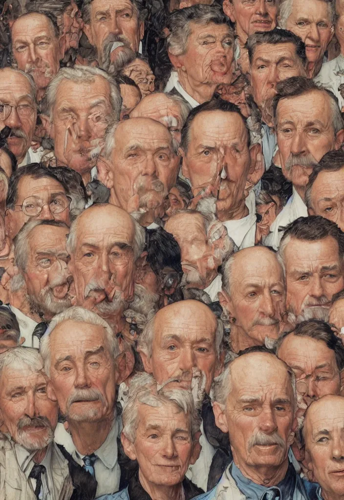 Image similar to small group of people, men and women, close - up of the faces, anatomically and proportionally correct : : oil painting by james jean, norman rockwell, milo manara and james gurney, intricate and detailed, photorealism, cgsociety