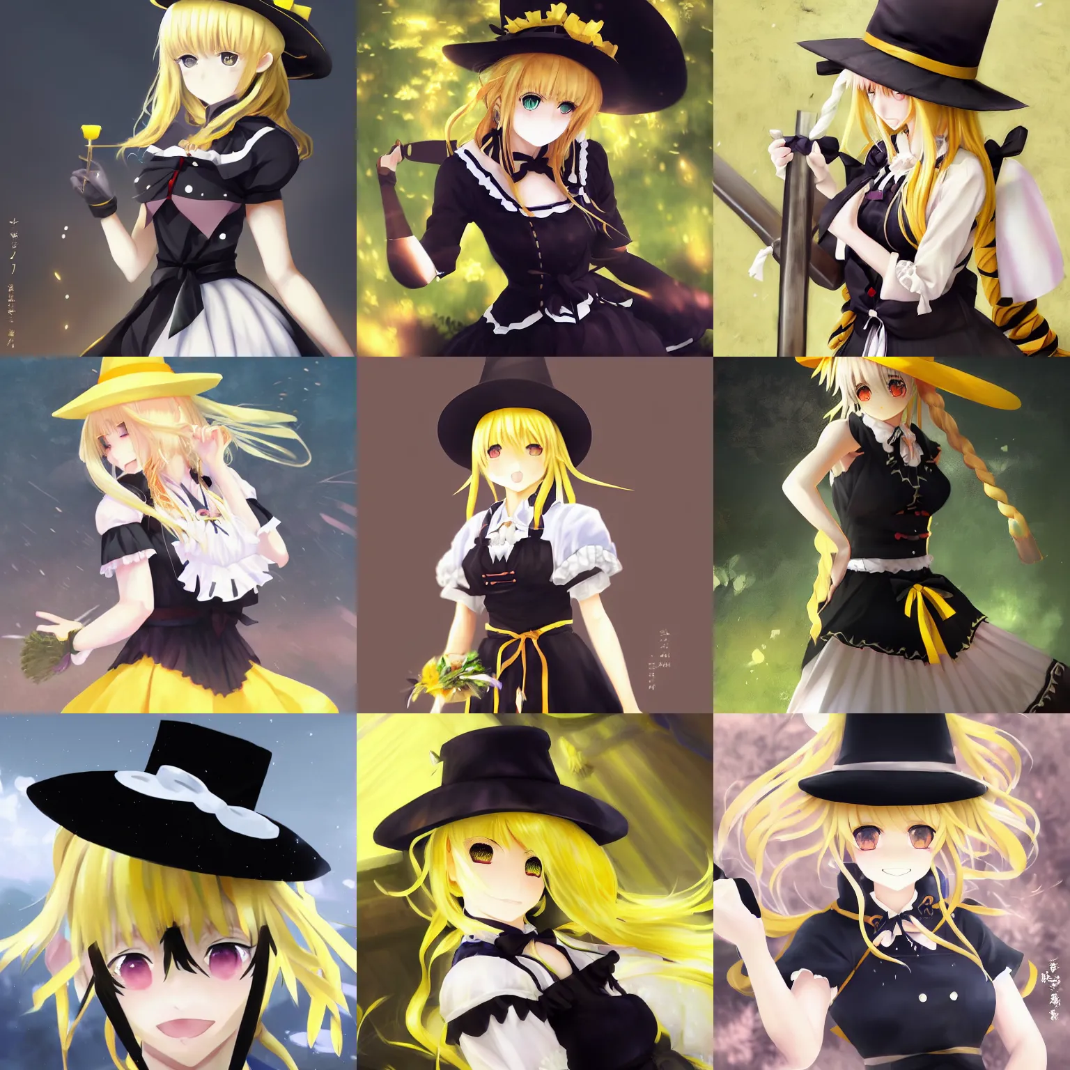 Prompt: pixiv artwork portrait of marisa kirisame from touhou project, marisa kirisame touhou artwork black black hat hat broom blonde hair finely detailed yellow eyes maid dress white apron by greg rutkowski makoto shinkai key art 4 k 8 k ultrahd trending award winning