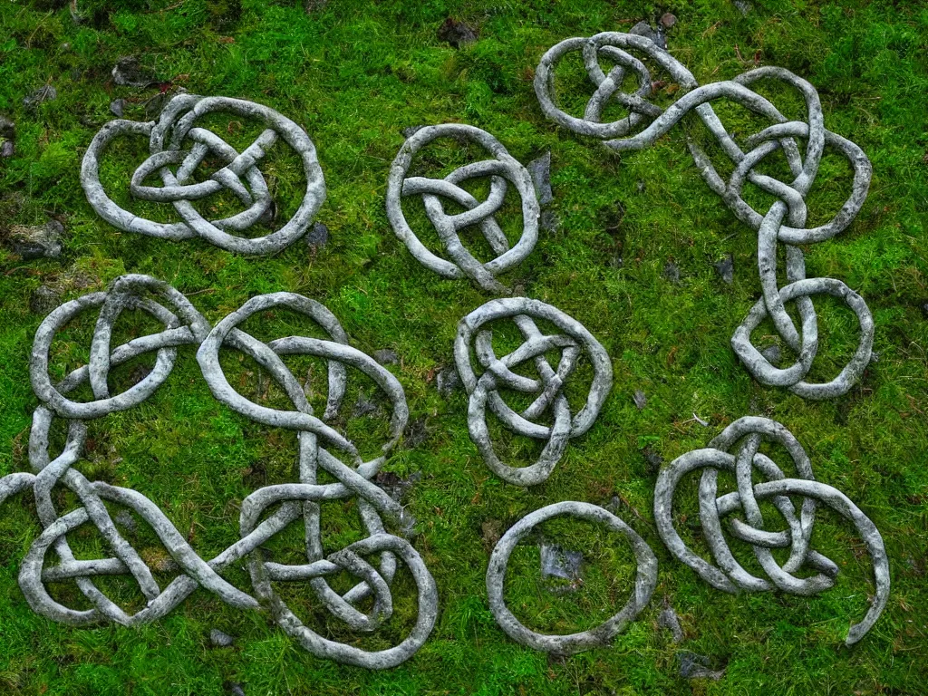 Image similar to Stone circle in an enchanted forest grove, mossy and green, at night with full moon, celtic knot made of wood and bone