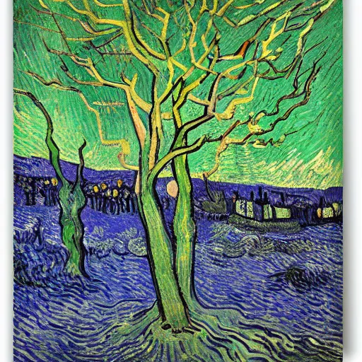 Prompt: fluo trees with eyes and body parts by van gogh