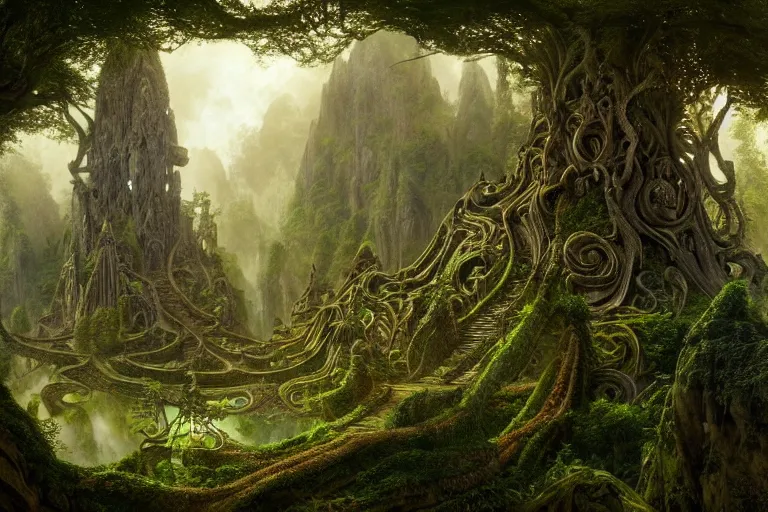 Prompt: a beautiful and highly detailed matte painting of a sacred elven tree temple in a valley in a lush forest in the misty mountains, psychedelic, celtic, intricate details, epic scale, insanely complex, 8 k, sharp focus, photorealism, artstation, cgsociety, by caspar friedrich, albert bierstadt, james gurney, brian froud,