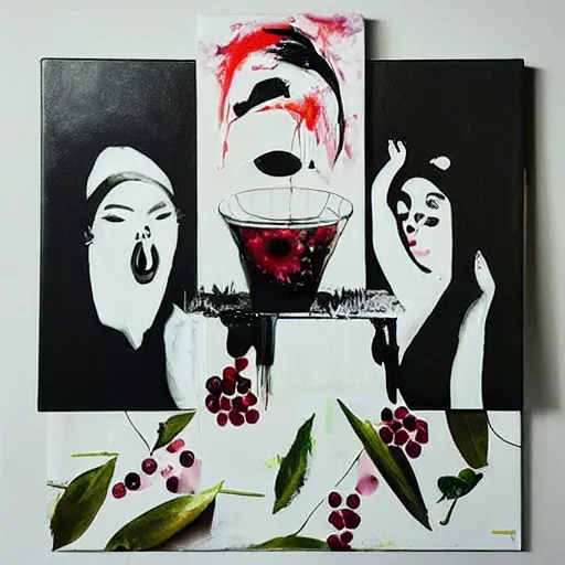 Image similar to “ a portrait in a black - walled apartment, sensual dance, a pig theme, art supplies, paint tubes, ikebana, herbs, a candle dripping white wax, squashed berries, berry juice drips, acrylic and spray paint and oilstick on canvas, surrealism, neoexpressionism ”