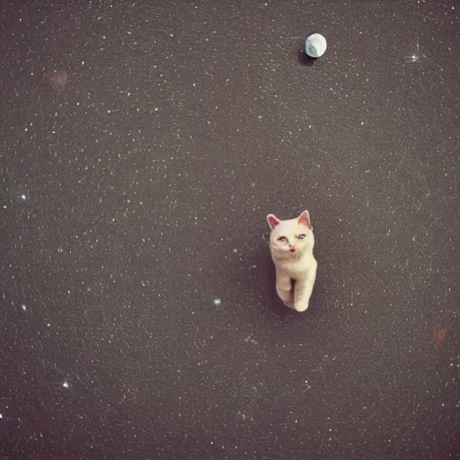 Prompt: cat as astronaut on the moon sigma 1 4 mm f / 1. 8 the earth is seen in the background surrounded by an asteroid belt made of cat toys