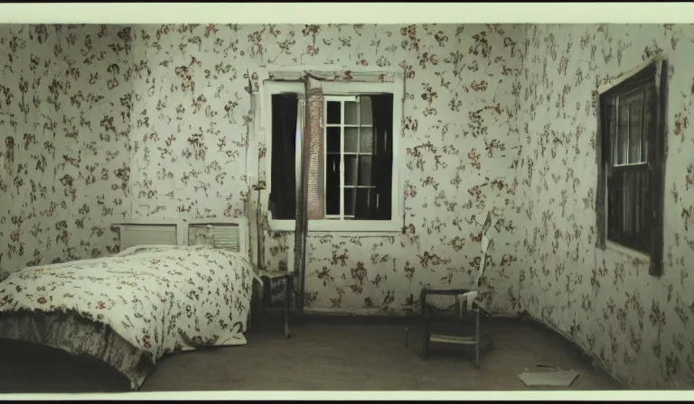 Image similar to A bedroom designed by William Burroughs, 35mm film, long shot