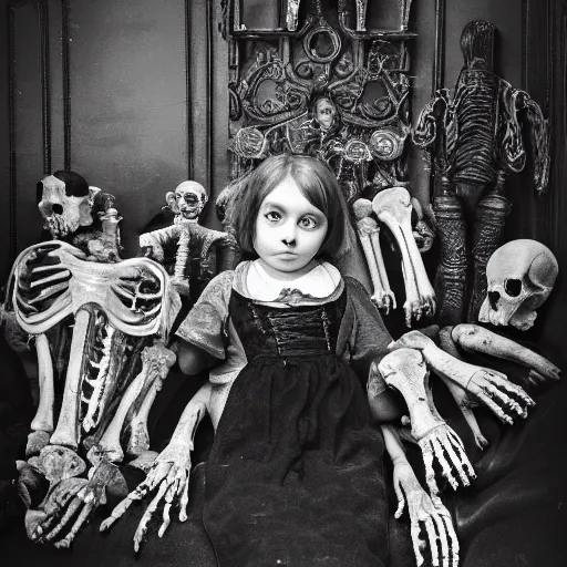 Prompt: a photo of young sad victorian gothic child with big eyes and wide grin sitting on a sofa of bones surrounded by a cyber futuristic cityscape made of human body parts, 5 0 mm, perfect faces