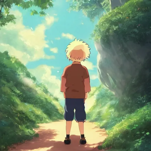 Image similar to friendly guy and small creature , with Fragile looking character portrait face made in Studio Ghibli artstyle ,highly detailed art, beautiful scene, sharp focus, smooth, 8k, anime art, fantasy, style in ghibli anime style, fantasy, island, forest, ghibli animal in 8k