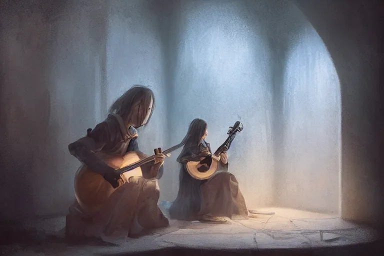 Image similar to an empty brutalist chamber, lonely, somber, a cursed lute, oud, guitar by brian froud leans against the wall alone, abandoned. a thin wisp of smoke rises from the lute. late afternoon lighting cinematic fantasy painting by jessica rossier