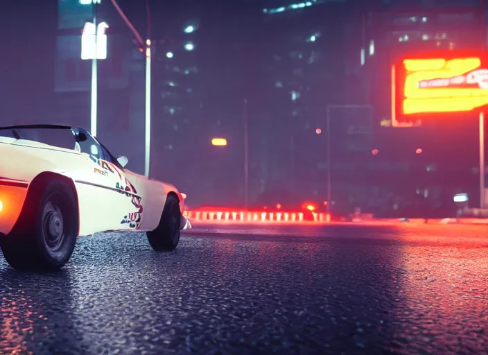 Image similar to gta game in moscow, 1 9 9 0, playstation 5 screenshot, mega details, dark night, orange lights, heavy rain, fog, beautiful rtx reflections, soviet suburbs, photorealistic, unreal engine 5, octane render, volumetric light, cg society, 4 k, 5 0 mm bokeh, russian lada car, artstation