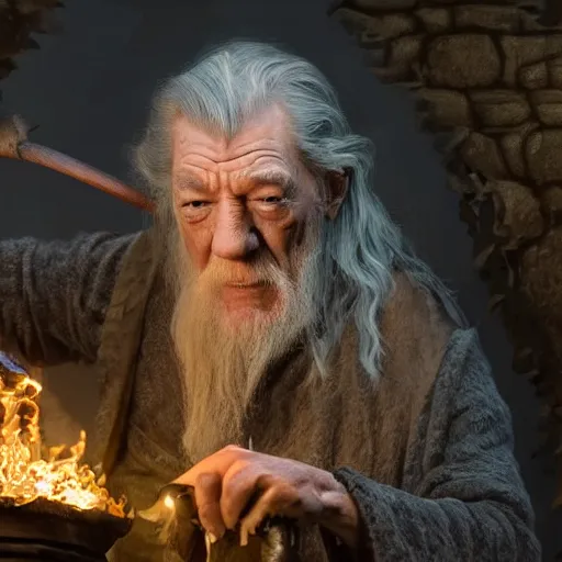 Prompt: the evil ian mckellen smithing on an anvil as gandalf in a dark viking hood playing odin all father crafting the plant of life with vines on an anvil, highly detailed, cinematic shot, cinematic lighting, 8 k, exquisit facial detail, magical realism painting, chiaroscuro, dark painting.