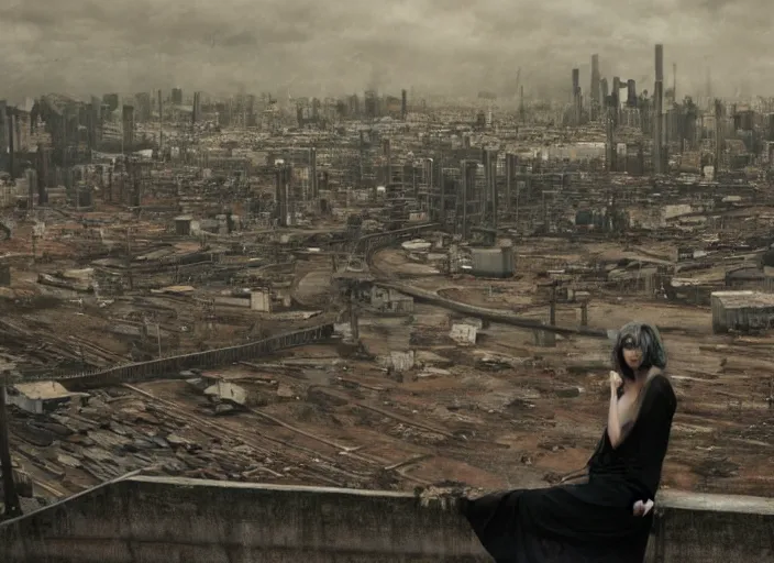 Prompt: mysterious sad rotten girl wrapped in smoke observing a big industrial city metropoli in the distance, cloudy sky, requiem for a dream