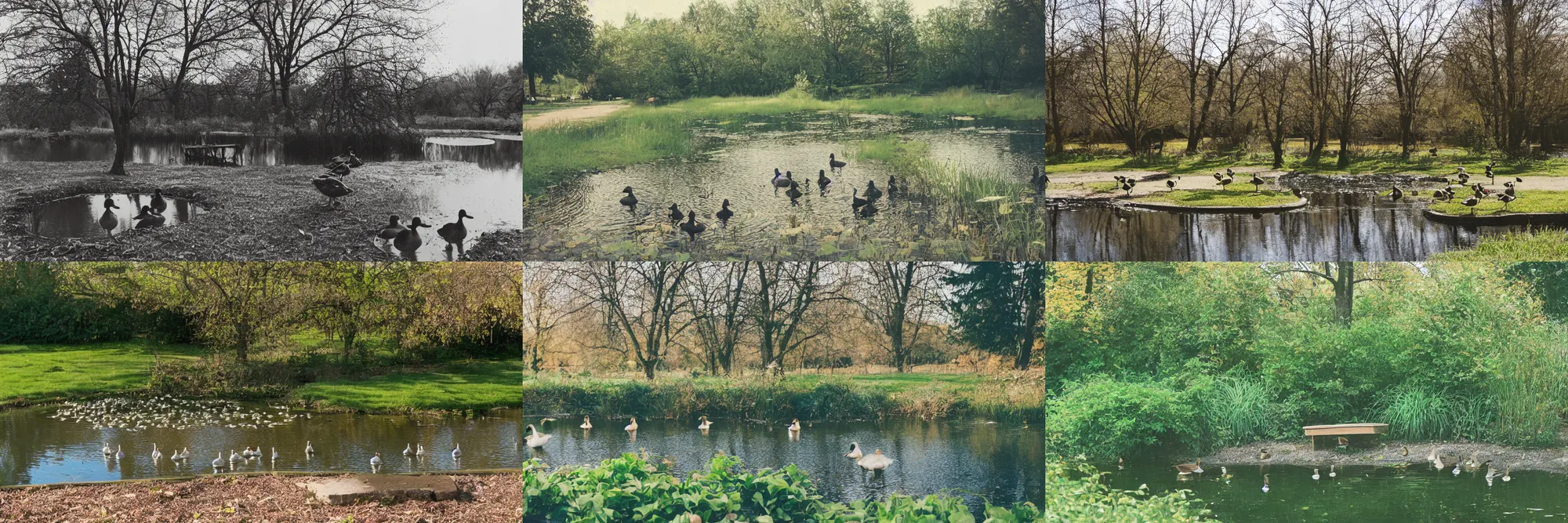 Prompt: a small pond with ducks behind a library, nature preservation area, small town library, 35mm photography