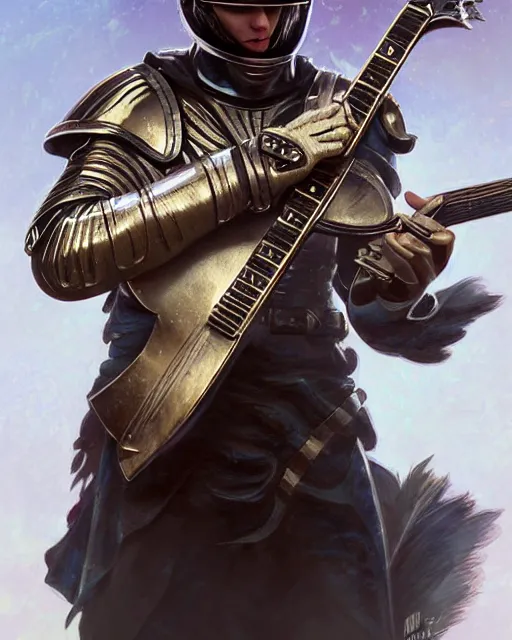 Image similar to Energetic rock guitarist wearing a Galea brushed legionary infantry helmet, fantasy, holding guitar with intricate art deco leaf designs, elegant, highly detailed, sharp focus, art by Artgerm and Greg Rutkowski and WLOP