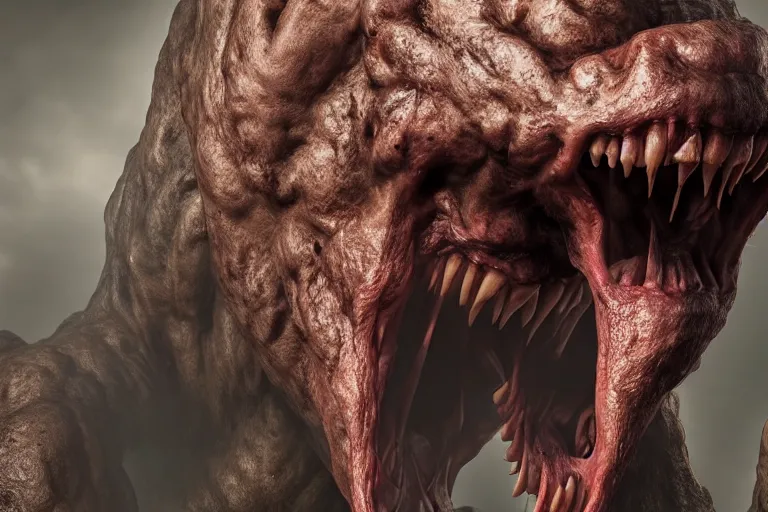 Prompt: a giant screaming behemoth made of muscles and flesh, very angry, misty, foggy, teeth, ambient light, terror, glows, realistic, photo-realism, hyper realism, picture, detailed, 3D render, scary, terror, distant shot, in the distance,