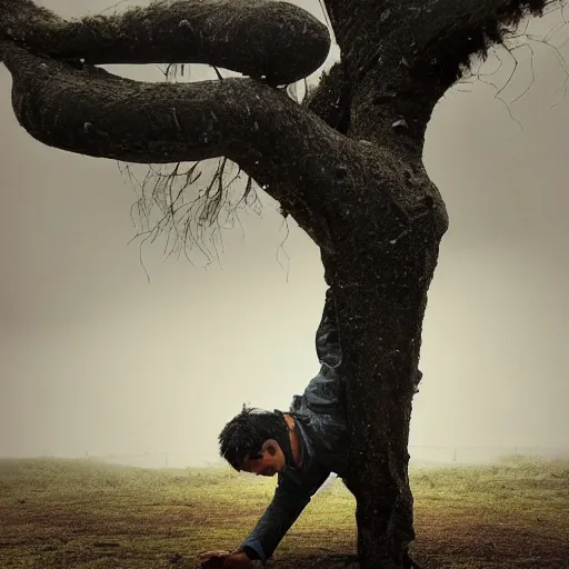 Image similar to The art installation shows a man caught in a storm, buffeted by wind and rain. He clings to a tree for support, but the tree is bent nearly double by the force of the storm. The man's clothing is soaked through and his hair is plastered to his head. His face is contorted with fear and effort. wabi-sabi, coloring-in sheet by William Steig lush