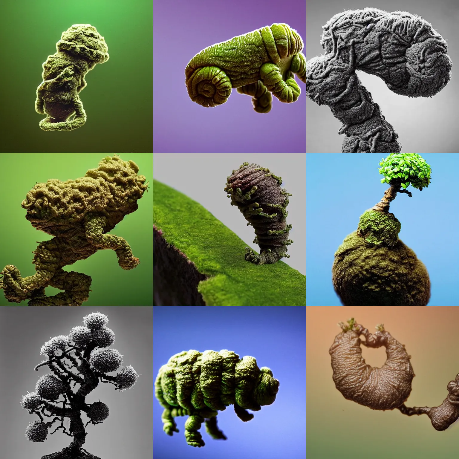 Prompt: a tardigrade climbing on a minuscule plant structure that resembles a bonsai tree, electron microscope capture