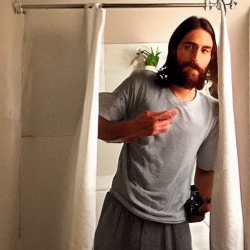 Image similar to jesus christ posing on instagram in his bathroom with an m 1 6