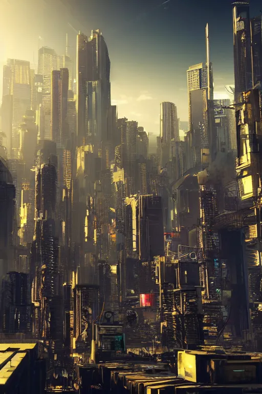 Image similar to cyberpunk cityscape like tokyo nework with tall buildings at dusk golden hour cinematic lighting, epic composition. A golden daylight, hyper-realistic environment. Hyper and intricate detail, photo-realistic. Cinematic and volumetric light. Epic concept art. Octane render and Unreal Engine, trending on artstation