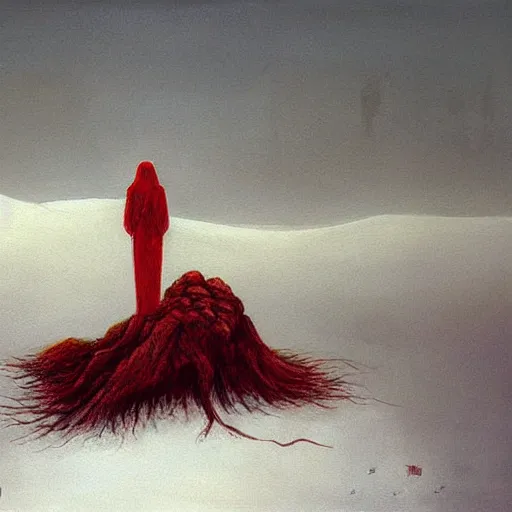 Image similar to a suureal painting of a lonely woman with pale skin and long red hair standing over a pile of bodies in post - apocalyptic snowy landscape, surrealism, by zdzislaw beksinski, by dariusz zawadzki, by john jude palencar