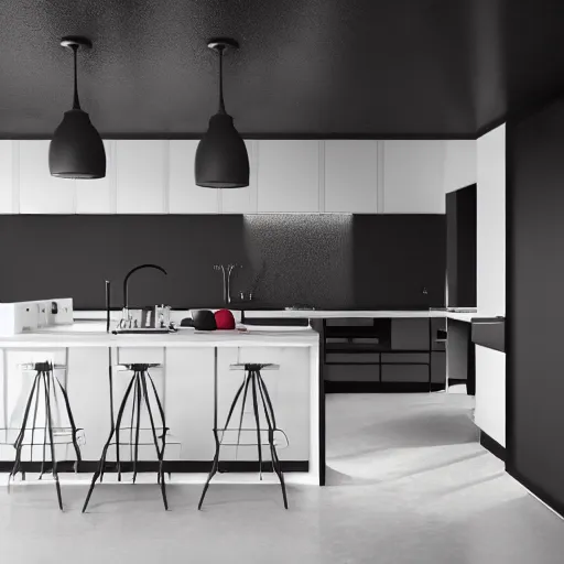 Image similar to photo of black, matte kitchen fronts surfaces and furniture, dark red walls at the back, white floor tiles on the ground, white ceiling, architecture, concept art