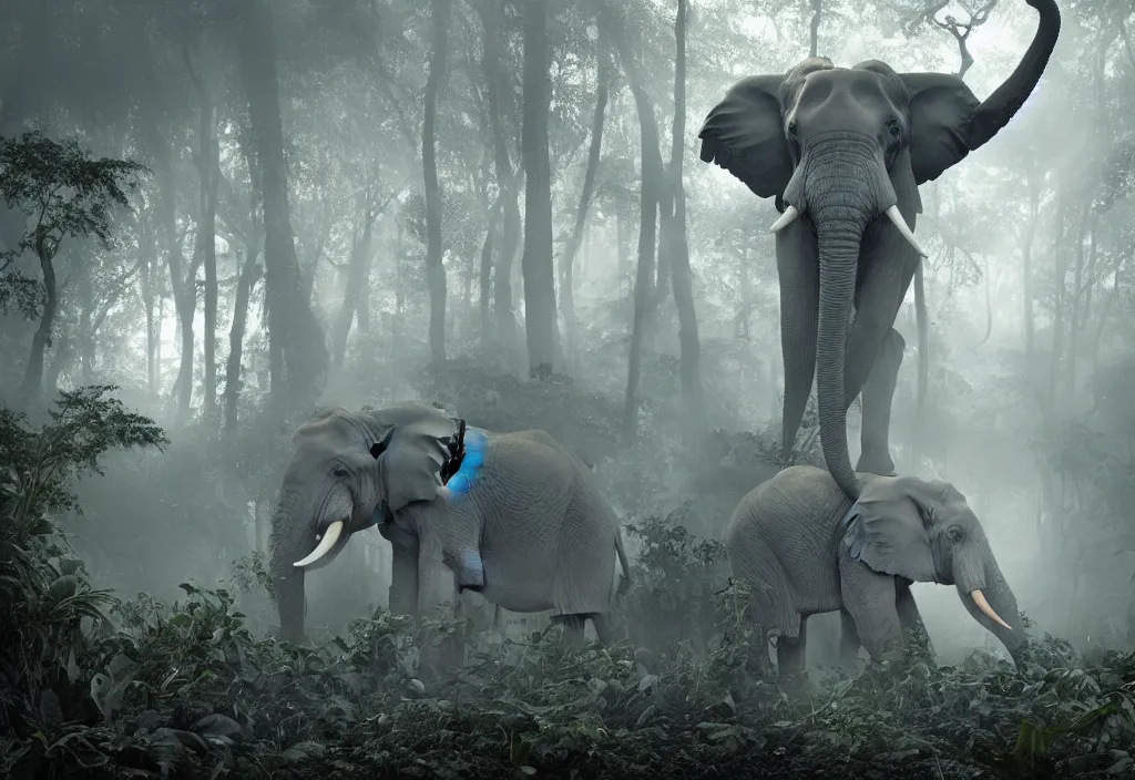 Image similar to an enormous elephant king, huge tentacles, in a jungle with ominous light from above, ambient light, fog, river, symmetrical, poetic