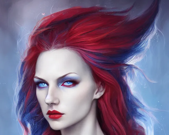 Image similar to A detailed matte oil on canvas head on symmetrical portrait of a distinguished elven woman with red and blue hair on an empty background, by Charlie bowater, Lise Deharme, Wlop, trending on artstationhd, dungeons and dragons art, parted hair , half blue, half red , split dye, critical role