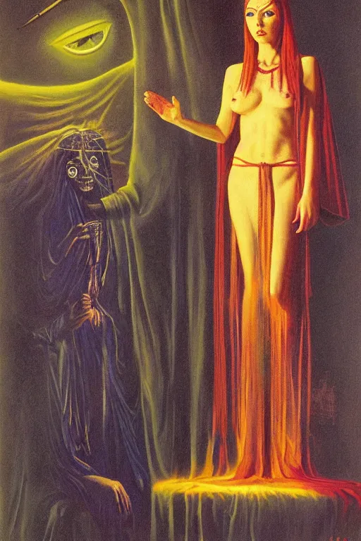 Image similar to gorgeous robed cult girl performing realism third eye ritual, dark theme night time, expanding electric energy waves into the ethereal realm, epic surrealism 8k oil painting, portrait, perspective, high definition, post modernist layering, by Ernst Fuchs, Gerald Brom