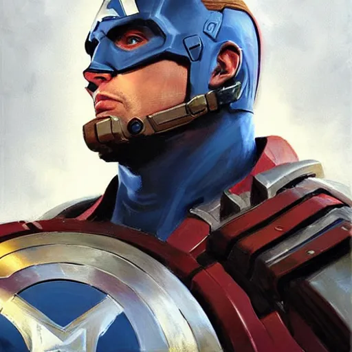 Image similar to greg manchess portrait painting of heavily armored captain america as overwatch character, totally whack, medium shot, asymmetrical, profile picture, organic painting, sunny day, matte painting, bold shapes, hard edges, street art, trending on artstation, by huang guangjian and gil elvgren and sachin teng