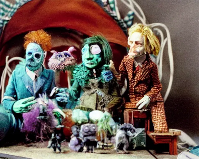 Image similar to still from a full - color 1 9 8 5 cute live - action stop - motion puppetry film by the brothers quay, involving cotton and gemstones, inside elaborate dioramas.