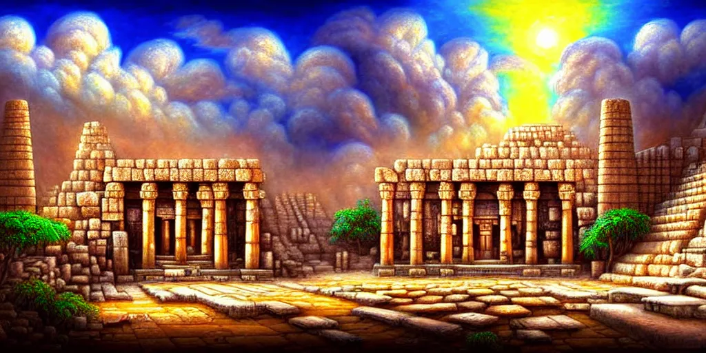 Image similar to illusion painting hidden temple in the clouds : an adorable small fox in the huge ruins of the second temple in jerusalem. a new temple hovers quietly hiding in the dreamy clouds above. a hooded bearded old man in a brown tunic laughing, colorful 8 k, art station, intricate superb details, digital art, illusion painting hidden image.