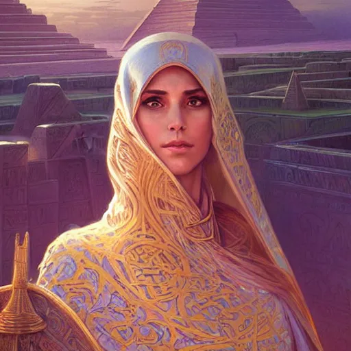 Prompt: portrait of isis as a beautiful cloaked sorceress, half body, perfect face, intricate, elegant, highly detailed, digital painting, artstation, concept art, smooth, sharp focus. temples towers and pyramids in the background. tiny people below. illustration, art by artgerm and greg rutkowski and alphonse mucha