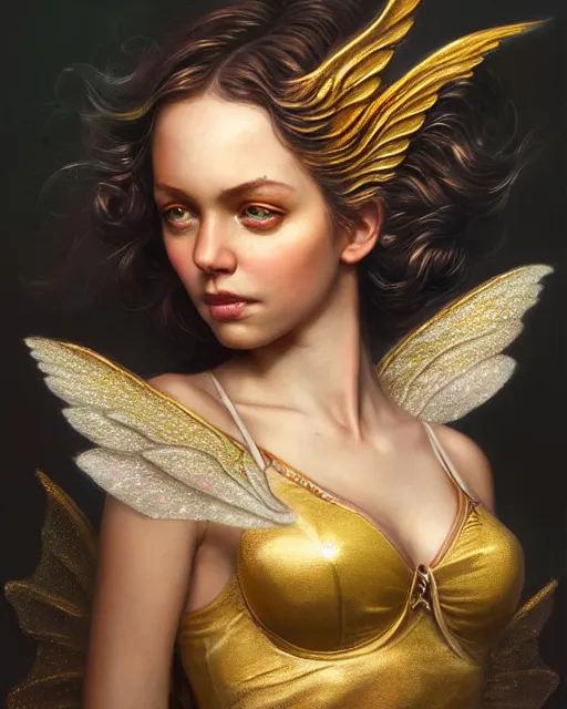 Prompt: beautiful fairy princess portrait, gold bra, gold wings, highly detailed, d & d, fantasy, highly detailed, digital painting, trending on artstation, concept art, sharp focus, illustration, art by artgerm and greg rutkowski and fuji choko and viktoria gavrilenko and hoang lap